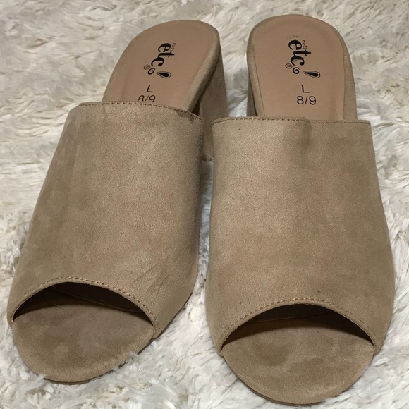 Beige Chunky Heel Peep Open Toe Vegan Mules Sz 8/9 - Picture 6 of 8
